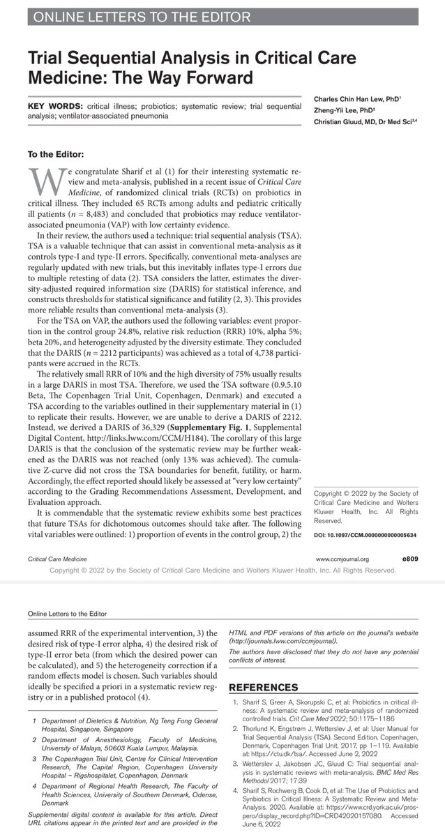 Lee Zheng Yii (@lzyii) on Twitter photo This piece outlined the best practice to perform trial sequential analysis (TSA) for dichotomous outcome.
Thanks to Dr <a href="/CharlesLew28/">Dr. Charles Lew</a> for the opportunity to be part of this with Prof Christian Gluud, the lead founder of the TSA software from the Copenhagen Trial Unit, Denmark! This piece outlined the best practice to perform trial sequential analysis (TSA) for dichotomous outcome.
Thanks to Dr <a href="/CharlesLew28/">Dr. Charles Lew</a> for the opportunity to be part of this with Prof Christian Gluud, the lead founder of the TSA software from the Copenhagen Trial Unit, Denmark!