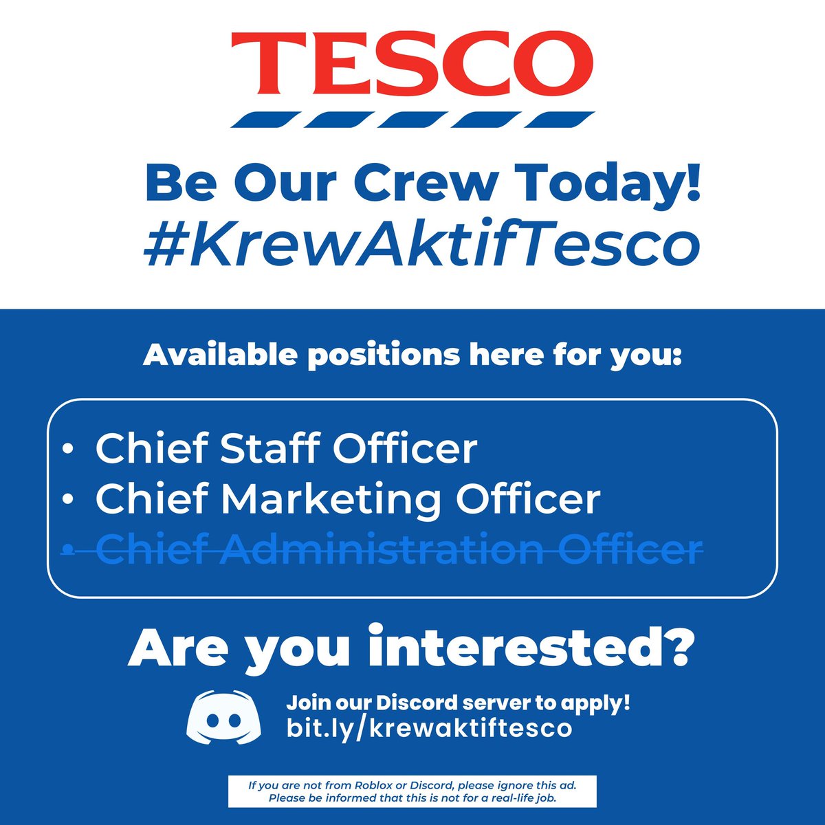 LAST CALL 🎉🎉

There are only one position left and it is the Chief Staff Officer. If you are interested, please join our Discord server and apply now before it's too late!

#MalaysiaRBLX #TescoRBLX #RoDev #RobloxDev
