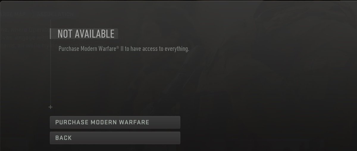 ModernWarzone's tweet photo. Tons of players are running into an error message that says they need to buy Modern Warfare 2 in order to “have access to everything”. 

This is a bug. Please do NOT buy MW2 just to play Warzone or DMZ. They are both free to play and always will be. https://t.co/GVTiHBGInw