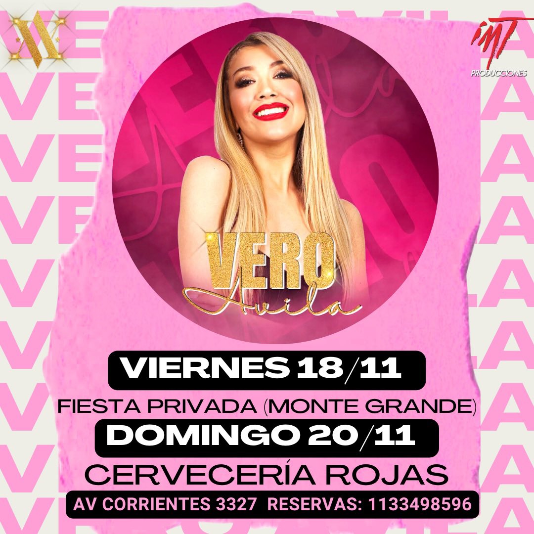 Se viene un finde a pura cumbia🥳

✨𝐀𝐆𝐄𝐍𝐃𝐀 ✨

▪️Viernes 18/11 𝐅𝐈𝐄𝐒𝐓𝐀 𝐏𝐑𝐈𝐕𝐀𝐃𝐀 (Monte Grande)

▪️Domingo 20/11 𝐂𝐄𝐑𝐕𝐄𝐂𝐄𝐑𝐈𝐀 𝐑𝐎𝐉𝐀𝐒 
📍Av Corrientes 3327 (Buenos Aires) 
⏰ 23HS
📲 Reservas: 1133498596

Los espero 😍🥳 
#veronicaavila #veroavila