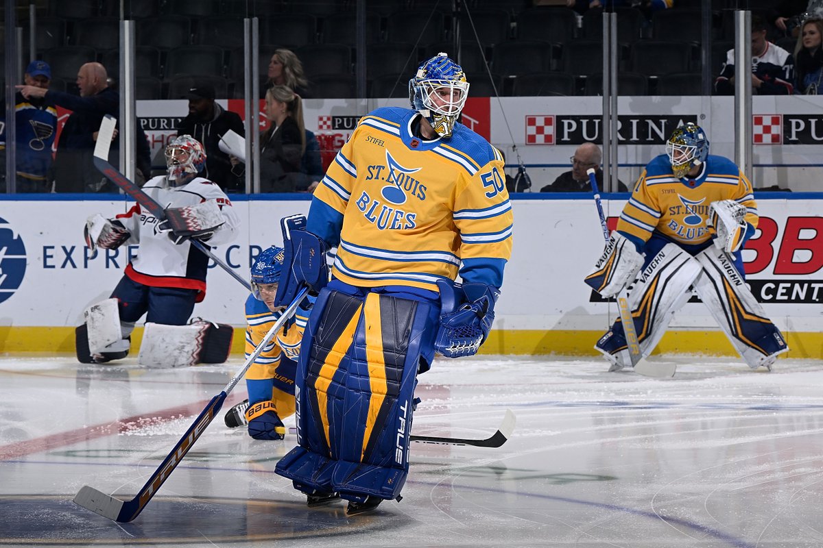 NHL's tweet photo. ✨ You're so golden ✨

For the first time in franchise history, the @StLouisBlues are wearing a primarily-gold jersey. The jersey's logo is based on an original prototype that was created in 1966, not long after the NHL awarded St. Louis an expansion franchise. #ReverseRetro https://t.co/HQVOg0DrEB