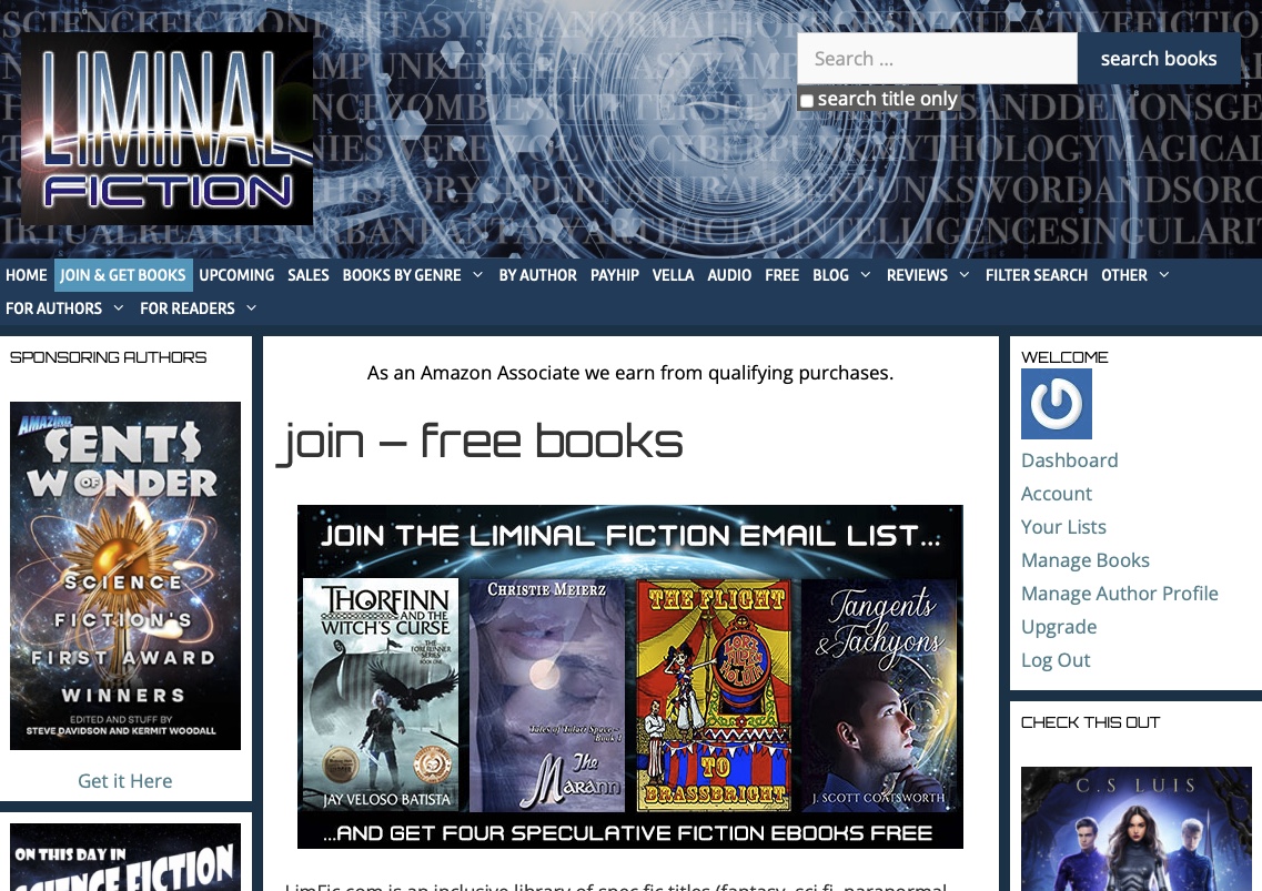We run a speculative fiction blog / website/ book discovery directory called Liminal Fiction.

AUTHORS: Come join us and add your books!
READERS: Come check out all the great titles we have to offer

limfic.com

#speculativefiction #discoverydirectory