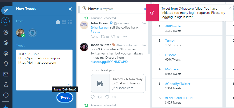 fraycore's tweet photo. This tweet is sending just fine, but not the Mastodon one, lol. Just wanted to test it. https://t.co/wVnQ0UtZp5