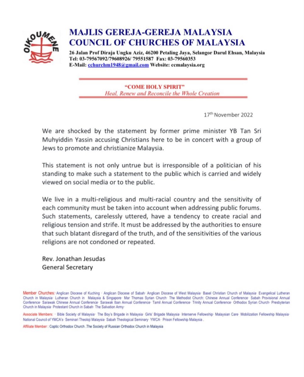Majlis Gereja-Gereja Malaysia bidas kenyataan <a href="/MuhyiddinYassin/">Muhyiddin Yassin</a> yang mendakwa ada usaha Kristian dan Yahudi untuk mengkristiankan Malaysia.

“This statement is not only untrue but is irresponsible of a politician of his standing to make.”