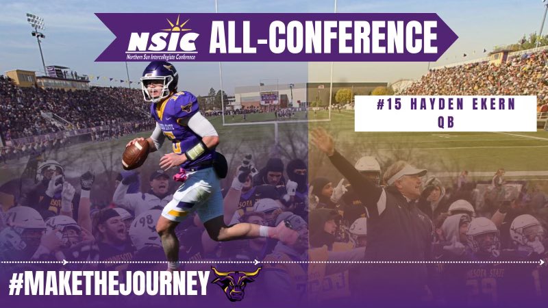 So excited for @hayden_ekern to be named NSIC 2nd Team All-Conference QB! Commanding the offense and controlling the game! The teams success brings to light shining individuals accomplishments! #BIA #MakeTheJourney #RollHerd1-0