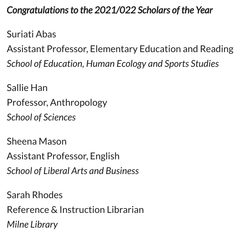 A tremendous honor to be included in this outstanding cohort and named @SUNY_Oneonta School of Sciences Scholar of the Year. Very grateful to my friends and colleagues