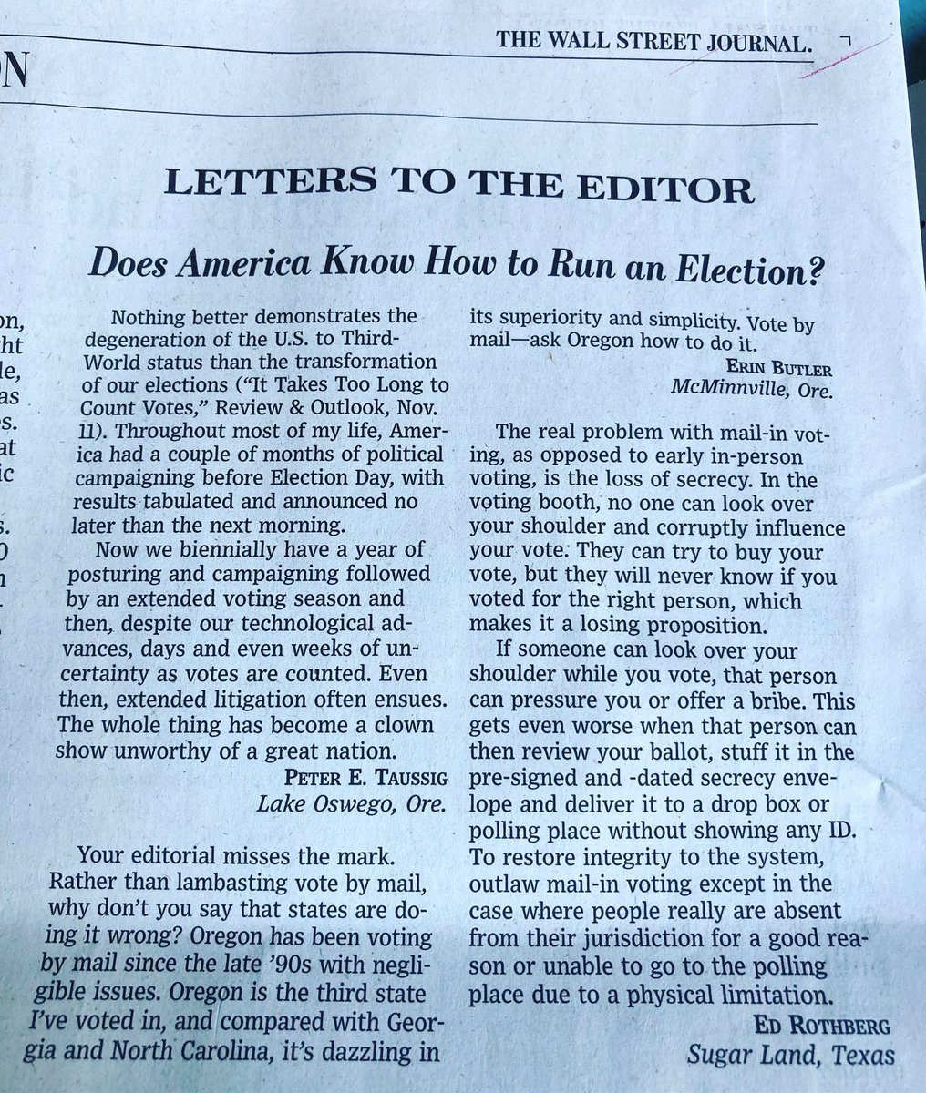 ErinButler13's tweet photo. I do believe @WSJopinion likes mine! Third letter to the editor published from little ol’ me! #votebymail https://t.co/VDw2jUoDU6