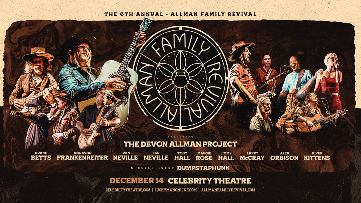 Don't miss the jam of the year when The Allman Family Revival ft. The Devon Allman Project, Duane Betts, Donavon Frankenreiter, Ivan &amp; Ian Neville, &amp; more when they honor the life + legacy of Gregg Allman at Celebrity Theatre on 12/14.   Tix  bit.ly/3tAIKpf