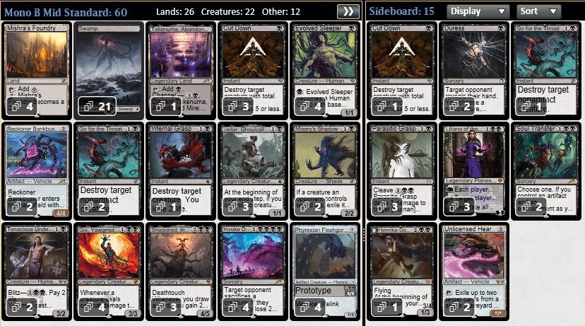 5-0d my first league of new standard with Mono Black. Gix exceeded expectations and hard carried. Jadar gives perfect setups for Gix. Misery's Shadow and Fleshgorger both seemed great. Decklist in Alt 

<a href="/fireshoes/">Robert Taylor🔥</a> <a href="/ArenaDecklists/">Arena Decklists</a>