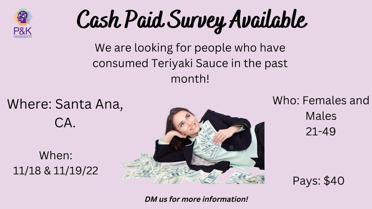 PKresearch's tweet image. Attention California Testers If you are interested please contact us for more information! 

#haveyoursay #paidtesting #focusgroups #SantaAna #Califorina #teriyaki #paidopinion #fastcash #youropinionmatters #getpaidforsurveys #inpersontesting #tastetest #teriyakisauce #marketing