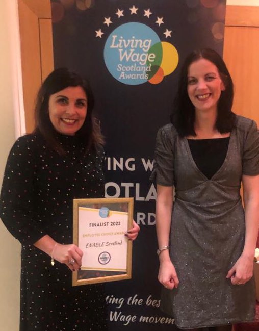 Theresa_Shearer's tweet photo. A real honour that @ENABLEScotland is a finalist in the Employee Choice category at this evening’s @LivingWageScot Awards - all the more special to receive this nomination from our own #frontline #workforce, highlighting the importance of #FairWork in the #SocialCare sector. https://t.co/SGh4o4b7Er
