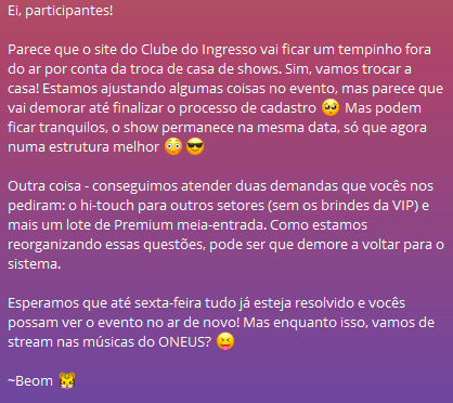 BeomProducoes's tweet photo. Atualização sobre o Clube do Ingresso, pessoal!

Estamos arrumando tudo aqui, e assim que tivermos autorização pra divulgar as informações, vamos espalhar a notícia para os quatro ventos!

Obrigado pela paciência e pela colaboração de vocês 😍

~Beom 🐯 https://t.co/VxNNzQn8np