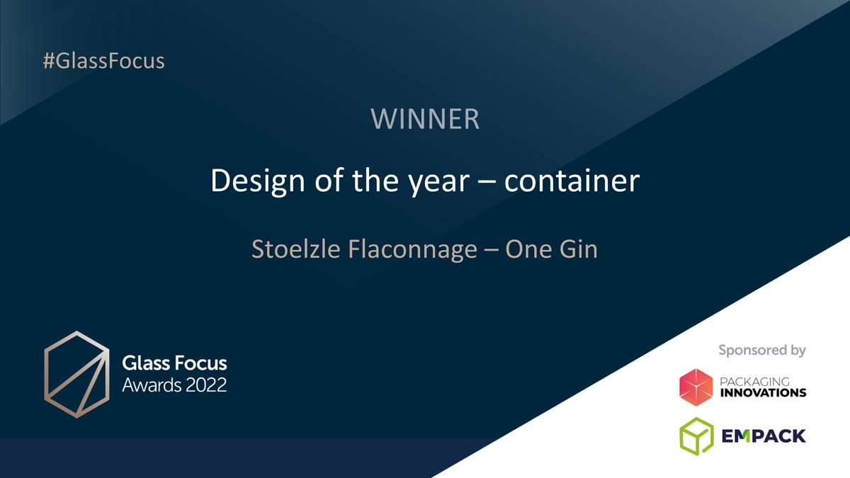 Our first award of the night is for Design of the Year – Container sponsored by @EasyfairsPackUK. And the winner of the Design of the Year container is @StoelzleSpirits for their One Gin bottle #GlassFocus