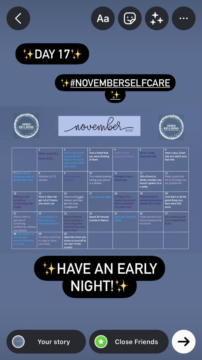✨Day 17-Have an early night!✨
✨It’s as simple as that, cancel your plans, put things off until tomorrow and just get some rest!✨
#selfcare #earlynight #selfcarechallenge #novemberselfcare #wellness #wellbeing