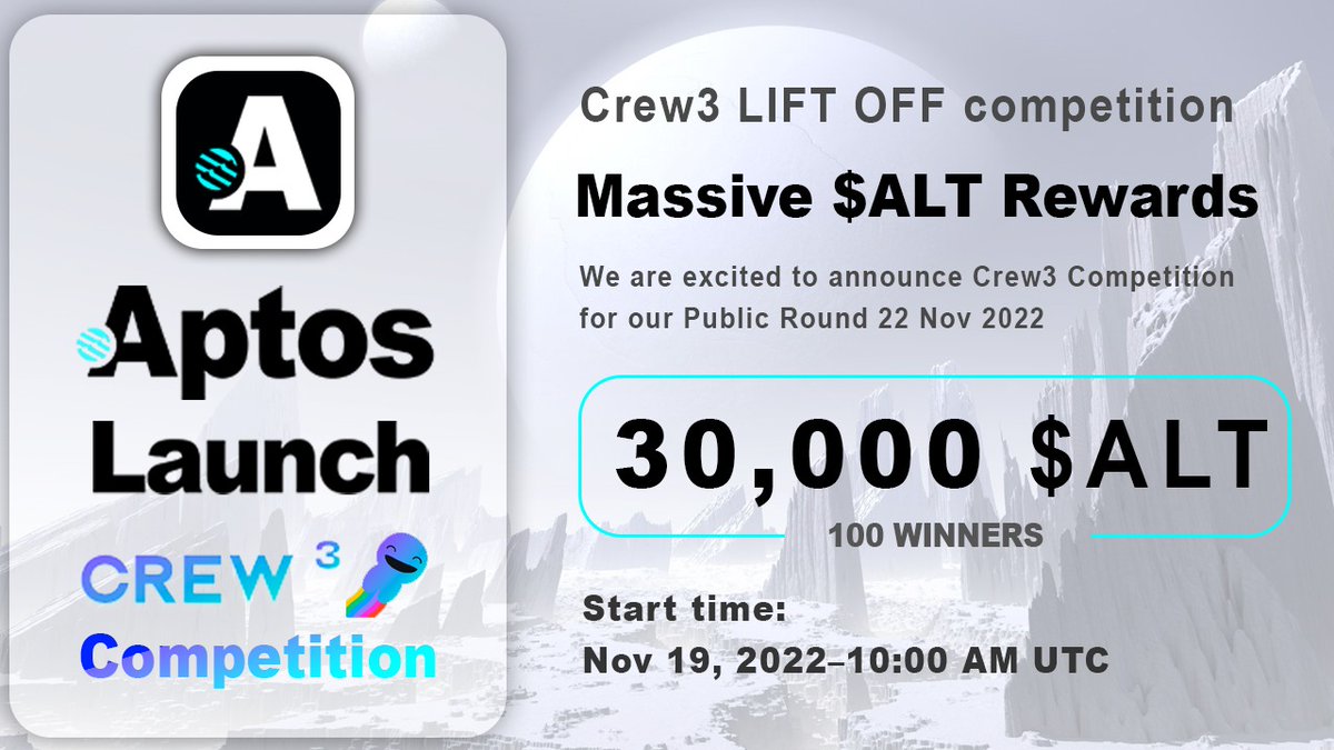 🔥CREW3 LIFT OFF Competition🔥

30,000 $ALT Prize Pool

Our IDO (22 Nov 2022) is quickly approaching - TIME for a <a href="/crew3xyz/">Kasih Sayang</a> Sprint Competition🚀 

Details at our Crew3 aptoslaunch.crew3.xyz/questboard🚀 

100 Winners.

Start time 19th NOV 10:00 UTC

LFG🚀

#Aptos