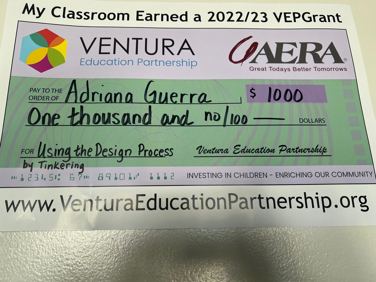 E.P. Foster STEM Academy (@epfosterstem) on Twitter photo Congratulations to our own Mrs. Guerra on being awarded a VEP grant for her project “Using the Design Process by Tinkering”! Thank you to the Ventura Education Partnership and @AeraEnergyLLC! <a href="/SchoolVentura/">Ventura Unified School District</a> Congratulations to our own Mrs. Guerra on being awarded a VEP grant for her project “Using the Design Process by Tinkering”! Thank you to the Ventura Education Partnership and @AeraEnergyLLC! <a href="/SchoolVentura/">Ventura Unified School District</a>