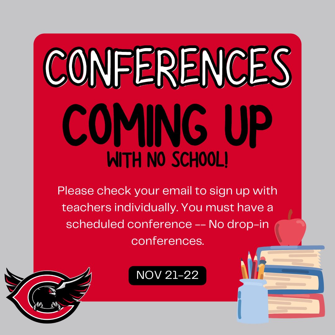 Next week, students will not be attending school. Instead, conferences will be held on Monday &amp; Tuesday with Thanksgiving Break Wednesday - Friday. Please check your emails to schedule conferences with teachers -- there will be NO drop-in conferences this year! #planahead