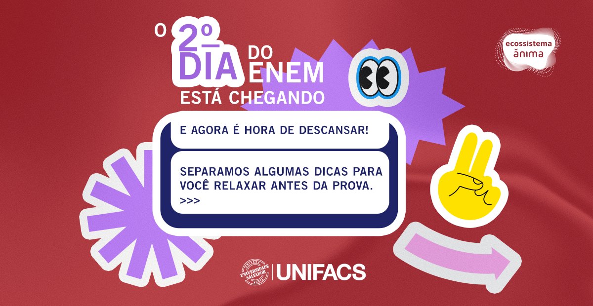 unifacs's tweet image. Sabemos que a ansiedade pelo 2º dia do Enem pode apertar... mas não adianta correr contra o tempo. Agora é hora de relaxar e descansar, porque você já estudou muito!

Confira nossas dicas e conteúdos especiais: bit.ly/facs-ENEM

#Enem2022 #PreEnem #DicasEnem