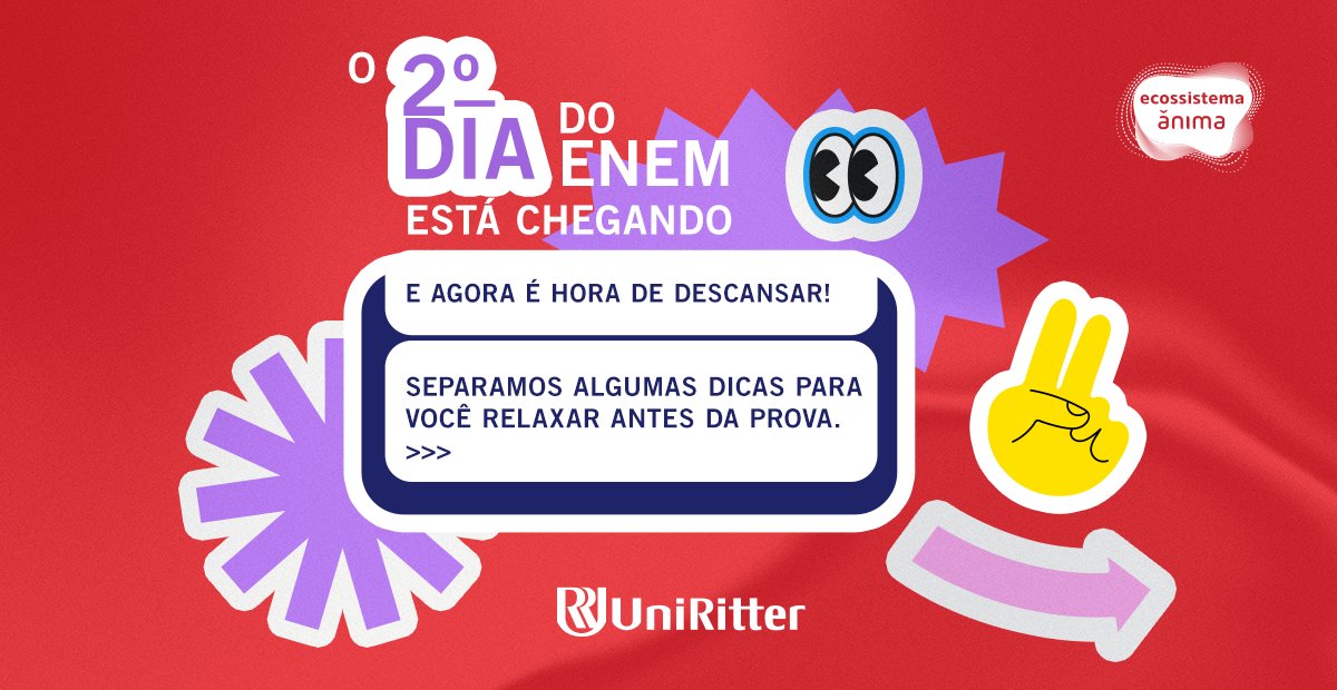 UniRitter's tweet image. Sabemos que a ansiedade pelo 2º dia do Enem pode apertar... mas não adianta correr contra o tempo. Agora é hora de relaxar e descansar, porque você já estudou muito!

Confira nossas dicas e conteúdos especiais: bit.ly/ri-ENEM

#Enem2022 #PreEnem #DicasEnem