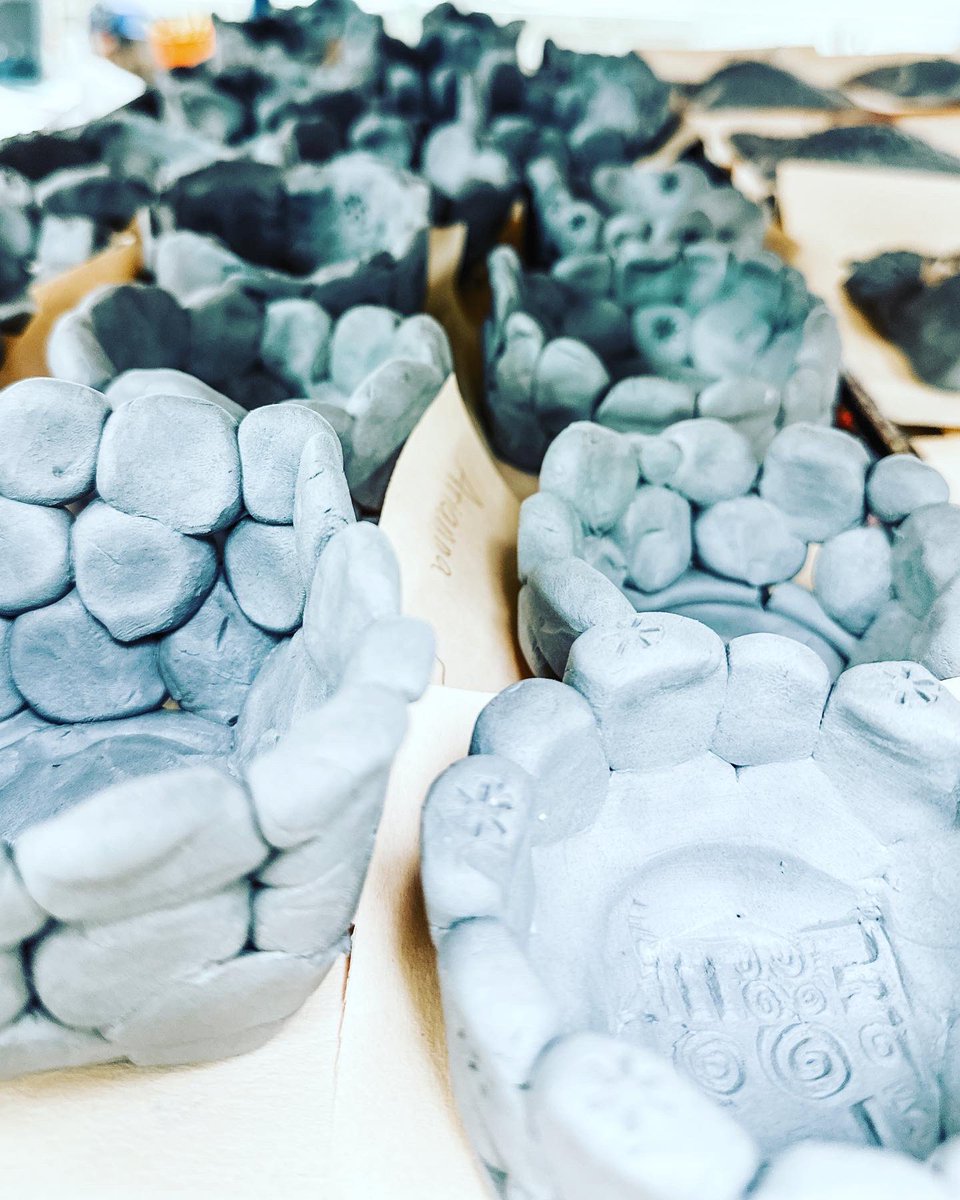 It’s messy but they love it! Clay pebble bowls in 5th today!