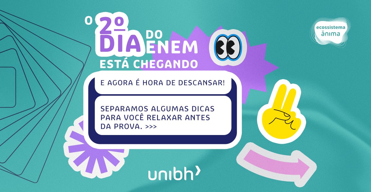 UniBH's tweet image. Sabemos que a ansiedade pelo 2º dia do Enem pode apertar... mas não adianta correr contra o tempo. Agora é hora de relaxar e descansar, porque você já estudou muito!

Confira nossas dicas e conteúdos especiais: bit.ly/unibh-ENEM

#Enem2022 #PreEnem #DicasEnem