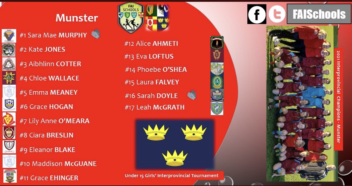 Best of luck to 2nd year student Grace Ehinger, representing FAI Munster Schools in the 2022 Interprovincial Tournament this weekend. Best of luck from all in Borrisokane CC.