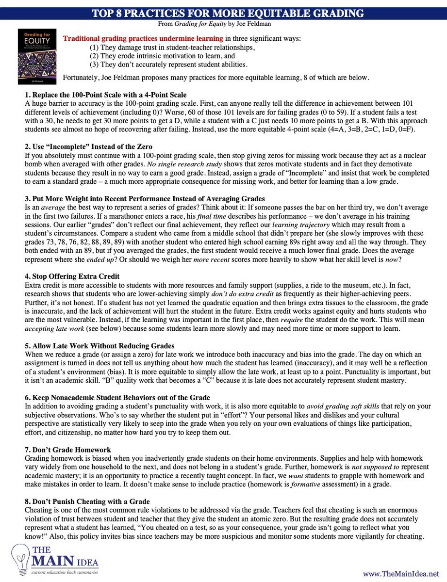 Jenn David-Lang (@the_mainidea) on Twitter photo Check out my one-pager on the top 8 practices for more equitable grading, from Grading for Equity by <a href="/JoeCFeldman/">Joe Feldman</a> 👇🏽 Check out my one-pager on the top 8 practices for more equitable grading, from Grading for Equity by <a href="/JoeCFeldman/">Joe Feldman</a> 👇🏽