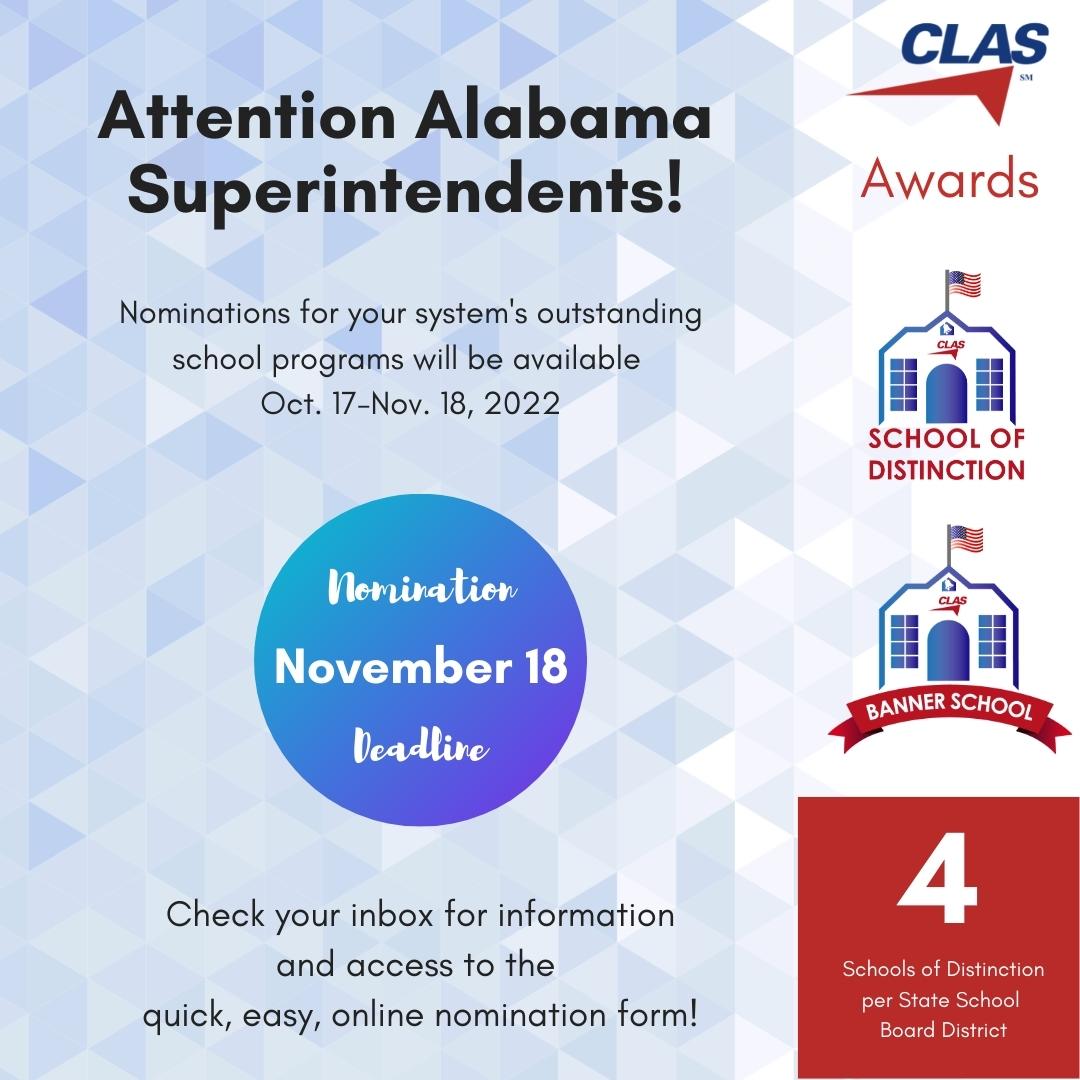 CLAS (@clasleaders) on Twitter photo Superintendent nominations are now open for CLAS Schools of Distinction & CLAS Banner School Awards. Check your inbox for details. #Alabama #Superintendents #clasbannersch #edleaders <a href="/Othell/">Vic Wilson</a> <a href="/SSA_Supers/">SSA, School Superintendents of Alabama</a> <a href="/leslieclas/">Leslie Dennis</a> Superintendent nominations are now open for CLAS Schools of Distinction & CLAS Banner School Awards. Check your inbox for details. #Alabama #Superintendents #clasbannersch #edleaders <a href="/Othell/">Vic Wilson</a> <a href="/SSA_Supers/">SSA, School Superintendents of Alabama</a> <a href="/leslieclas/">Leslie Dennis</a>