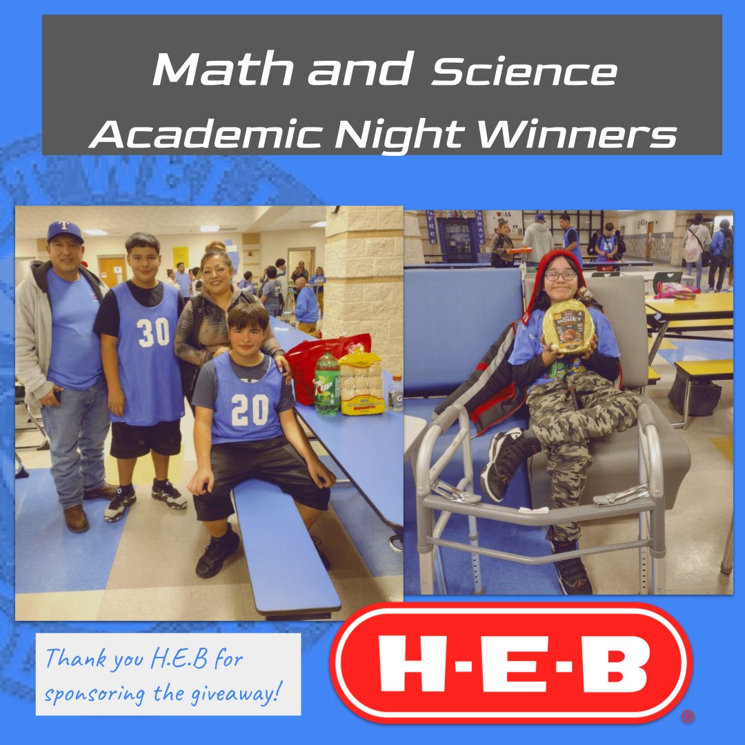 Thank you for coming out to the Math and Science Academic Night. The Cantu and Mares families were the two lucky families in attendance that were the recipients of either a full Thanksgiving meal or honey glazed ham courtesy of H.E.B. Congratulations!
#SAISD 
#HWMS 
#hebgivesback