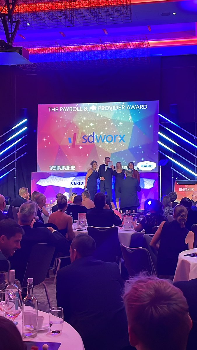 RewardStrategy's tweet photo. Payroll &amp; HR Provider Award at #TheRewards goes to SD Worx, congratulations! https://t.co/Uc84elwppN