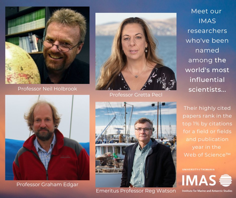 Huge congrats to our IMAS @UTAS_ scientists who've been recognised among the world's top 1% of cited researchers in their field! Profs @GrettaPecl, Neil Holbrook, @gedgar33 & Emeritus Prof Reg Watson are @Clarivate's💫#HighlyCitedResearchers of 2022💫 👉bit.ly/3Ob9VAC