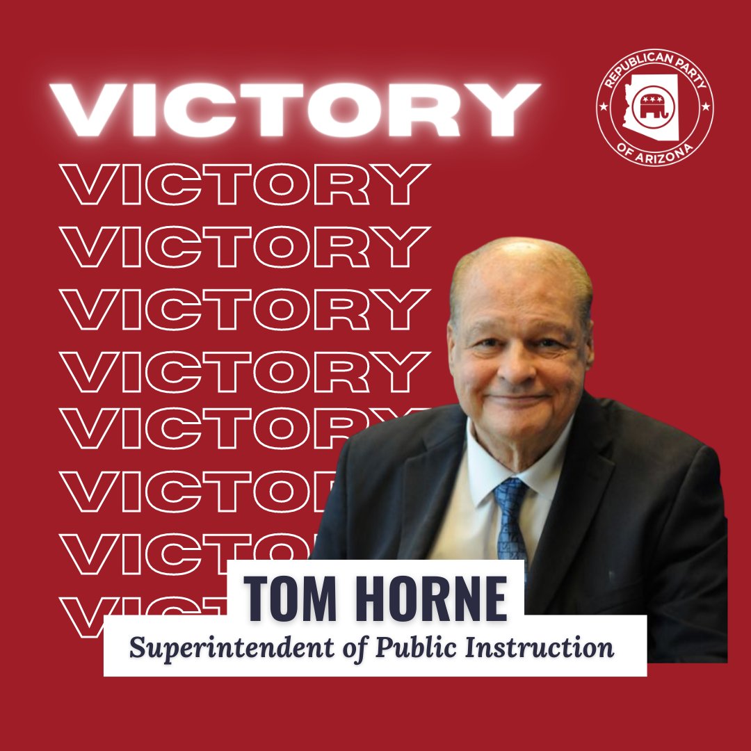 AZGOP's tweet photo. #VICTORY

Congratulations to TOM HORNE on becoming the Arizona Superintendent of Public Instruction! 

Time to get to work &amp; improve academics for all Arizonan students! @electtomhorne https://t.co/h6TX7MQYec