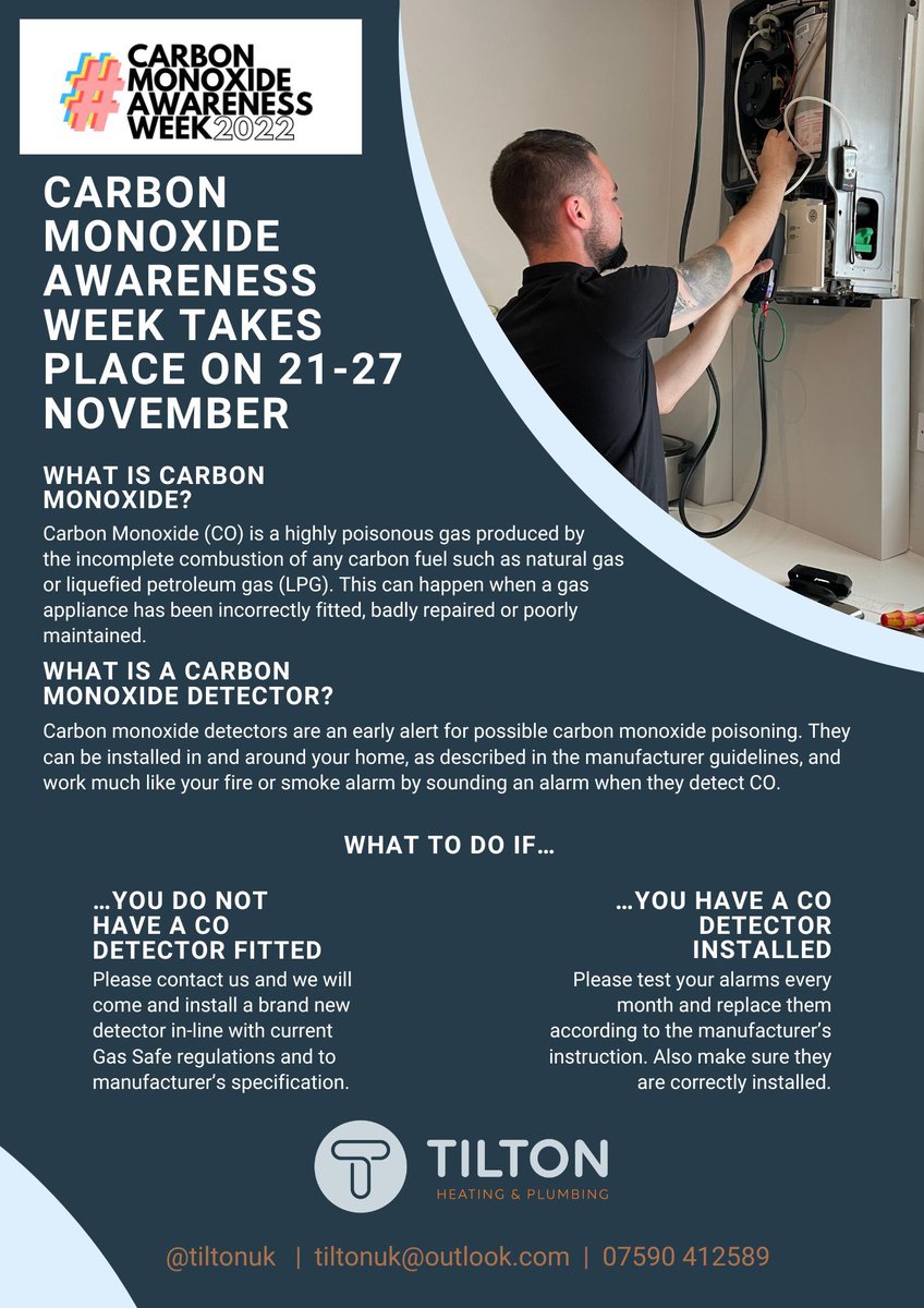 Carbon Monoxide Awareness Week 2022. Tilton Heating &amp; Plumbing Services is helping to raise awareness for #COAW which takes place 21-27 November. Get in touch if you need a CO detector installing.