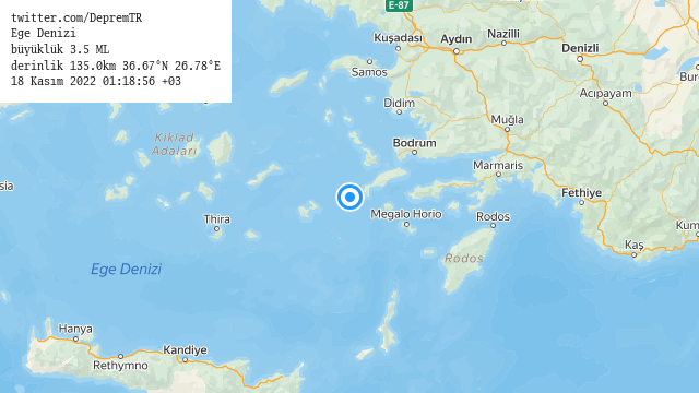 Ege Denizi
büyüklük 3.5 ML (10 dk önce)
derinlik 135.0km 36.67°N 26.78°E
18 Kasım 2022 01:18:56 +03
#deprem