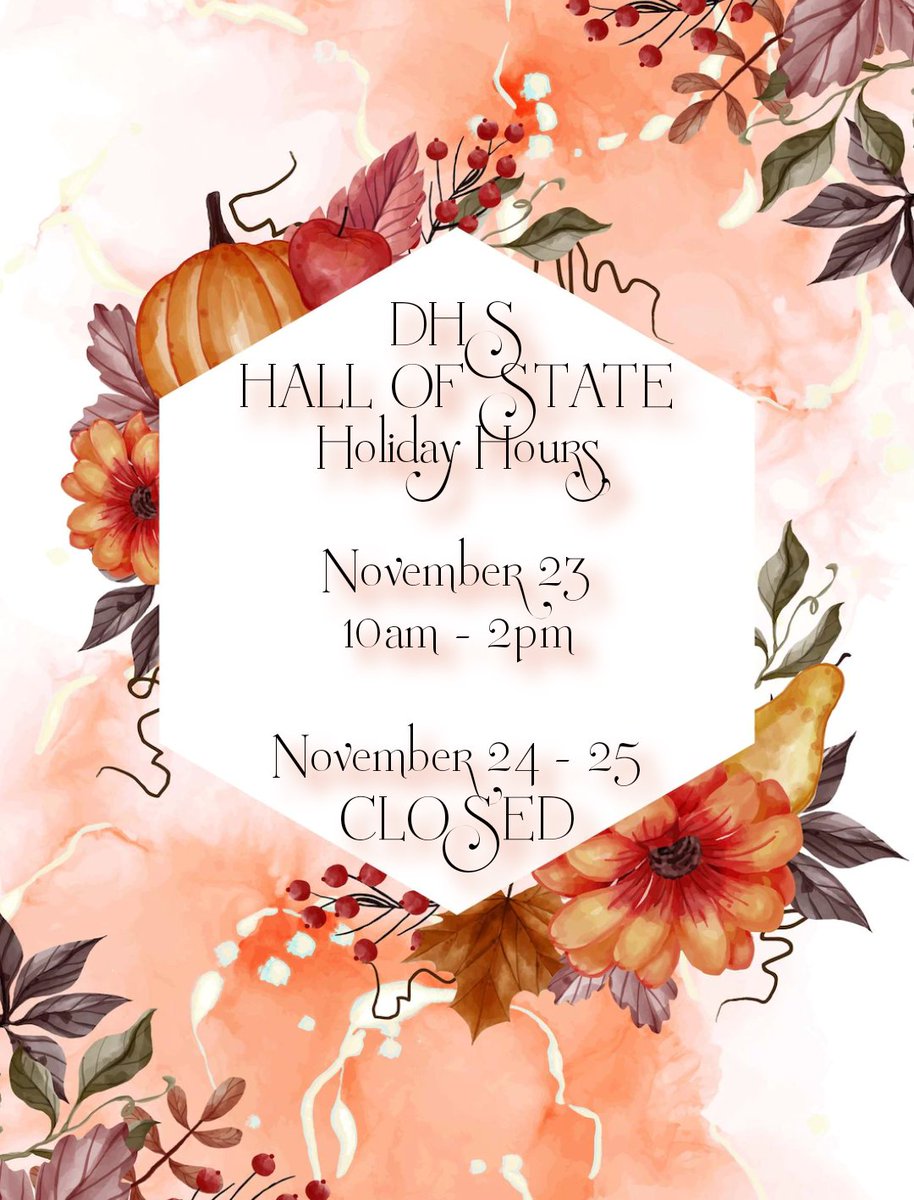 Dallas History (@dhshallofstate) on Twitter photo Dallas Historical Society
Hall of State
Holiday Hours
November 23
10am - 2pm
November 24 - 25
CLOSED
<a href="/HallOfStateTx/">Hall of State Events</a> <a href="/fairparkdallas/">Fair Park Dallas</a>
#HallOfState #DallasHistoricalSociety
#FairPark #Dallas #Texas #Closed #Holiday Dallas Historical Society
Hall of State
Holiday Hours
November 23
10am - 2pm
November 24 - 25
CLOSED
<a href="/HallOfStateTx/">Hall of State Events</a> <a href="/fairparkdallas/">Fair Park Dallas</a>
#HallOfState #DallasHistoricalSociety
#FairPark #Dallas #Texas #Closed #Holiday