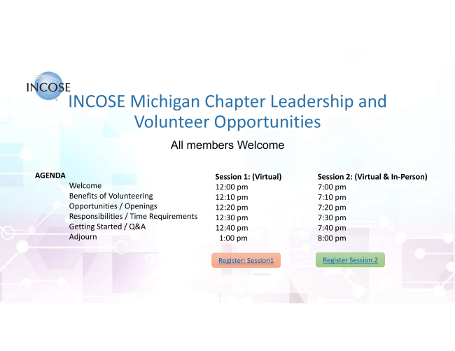 INCOSEMichigan's tweet photo. Join us for the first session of INCOSE MI Chapter Leadership and Volunteer Opportunities virtuallyhttp://events.constantcontact.com/register/event?llr=yuclxe5ab&amp;oeidk=a07ejhe5go1b797f22f
https://t.co/cevw9jAnQU https://t.co/fcdmlO1xw7