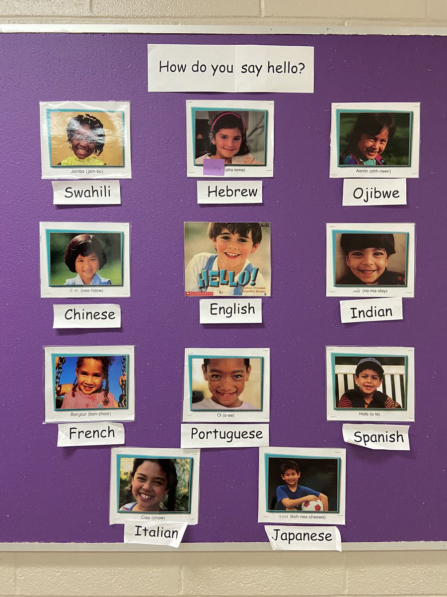 JChambersTVDSB's tweet photo. This bulletin board set up by our ML teachers encouraged our Ss to guess which form of “Hello!” matched each language. These are only a small sample of all of the languages spoken @JChambersTVDSB #ec4learning @ELLtvdsb https://t.co/7Xi2yqc0xP