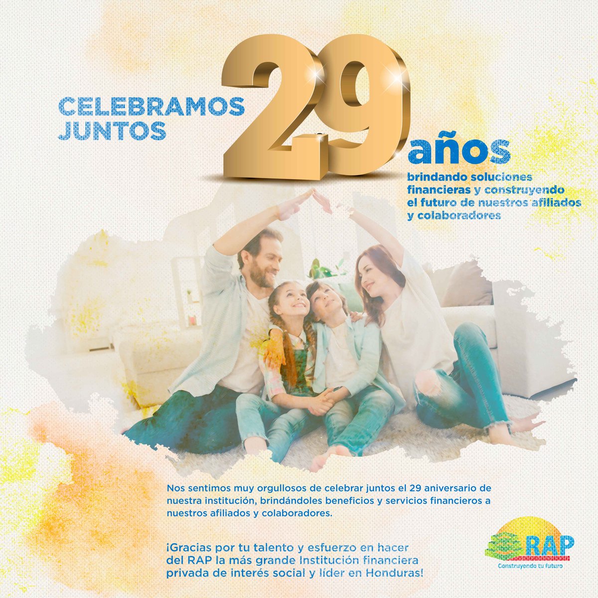 RAP_HN's tweet photo. Estamos orgullosos de celebrar 29 años como la Institución Financiera Privada de interés social y líder en nuestro país. Desde siempre trabajando para construir un mejor futuro para todos nuestros afiliados, colaboradores que confían en nosotros. 

#RAPHonduras #29Aniversario https://t.co/rZjYdndhsC