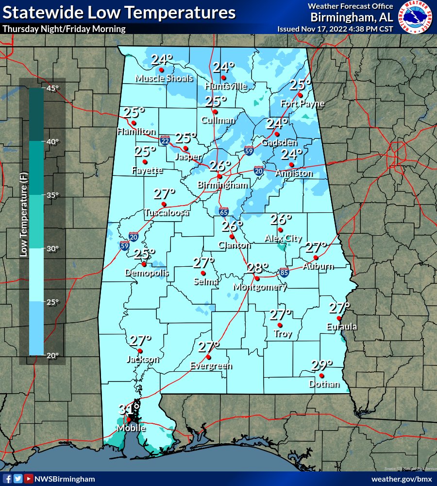 NWSBirmingham's tweet photo. It's going to be another ____ night across the state. Whatcha call it is subjective, I suppose. Chilly? Cold? Frigid? Refreshing? I wonder if there's an average temperature at which we can say it's cold outside. Let us know where your threshold lies! #alwx https://t.co/qPj2OB4vhi