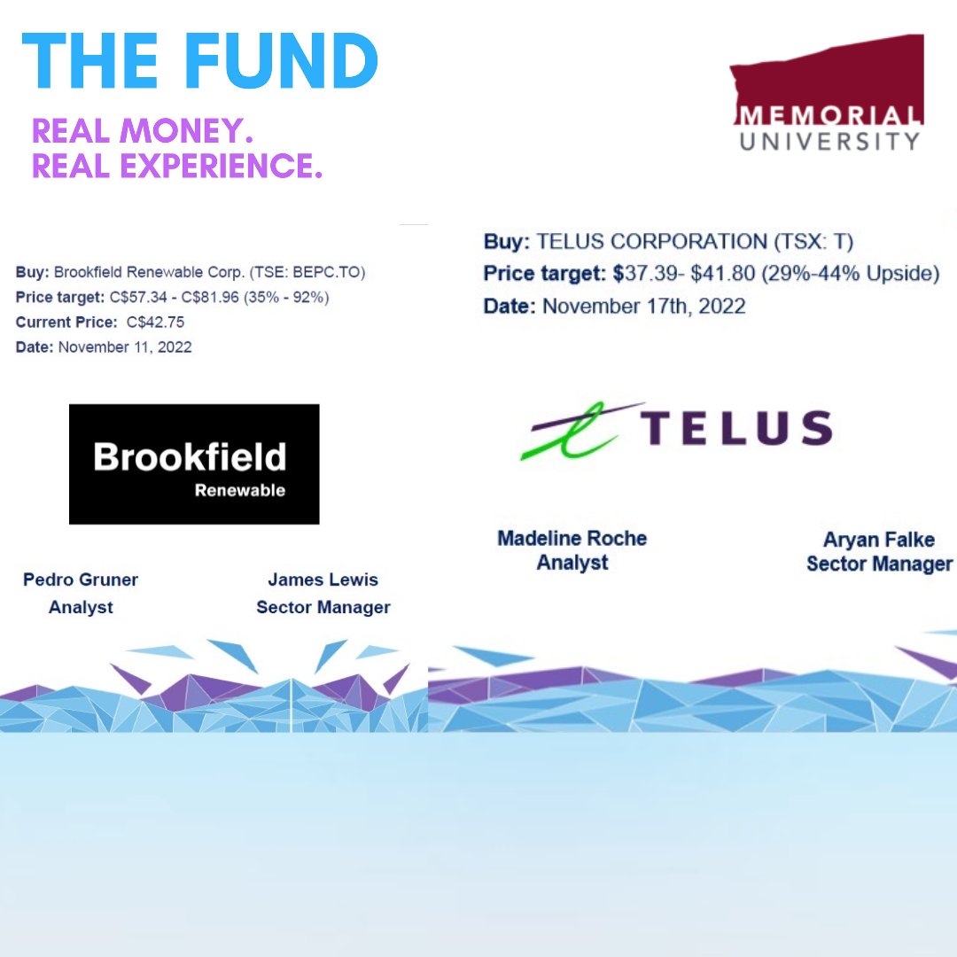 This week Analysts, Madeline Roche &amp; Pedro Gruner delivered insightful pitches on Telus and Brookfield Renewable respectively.

Telus is a juggernaut in the wireless service sector and a massive provider of 5G technology with a share price of $29.02 a potential upside of 44%.