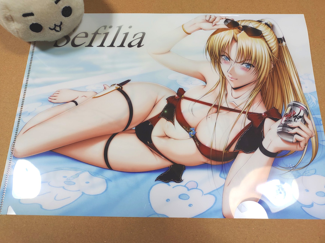 結構前に注文してたこの前描いたセフィリアさん(39)水着仕様のクリアファイルが届きました。😉
お仕事用にクリアファイル結構使うので4種類作ってその内の一つを試しに注文してみましたね。
カラー変換の都合で一部色が基本とは変わってますが案外良い感じ。
残りの3つも注文しようかしらん。😙 
