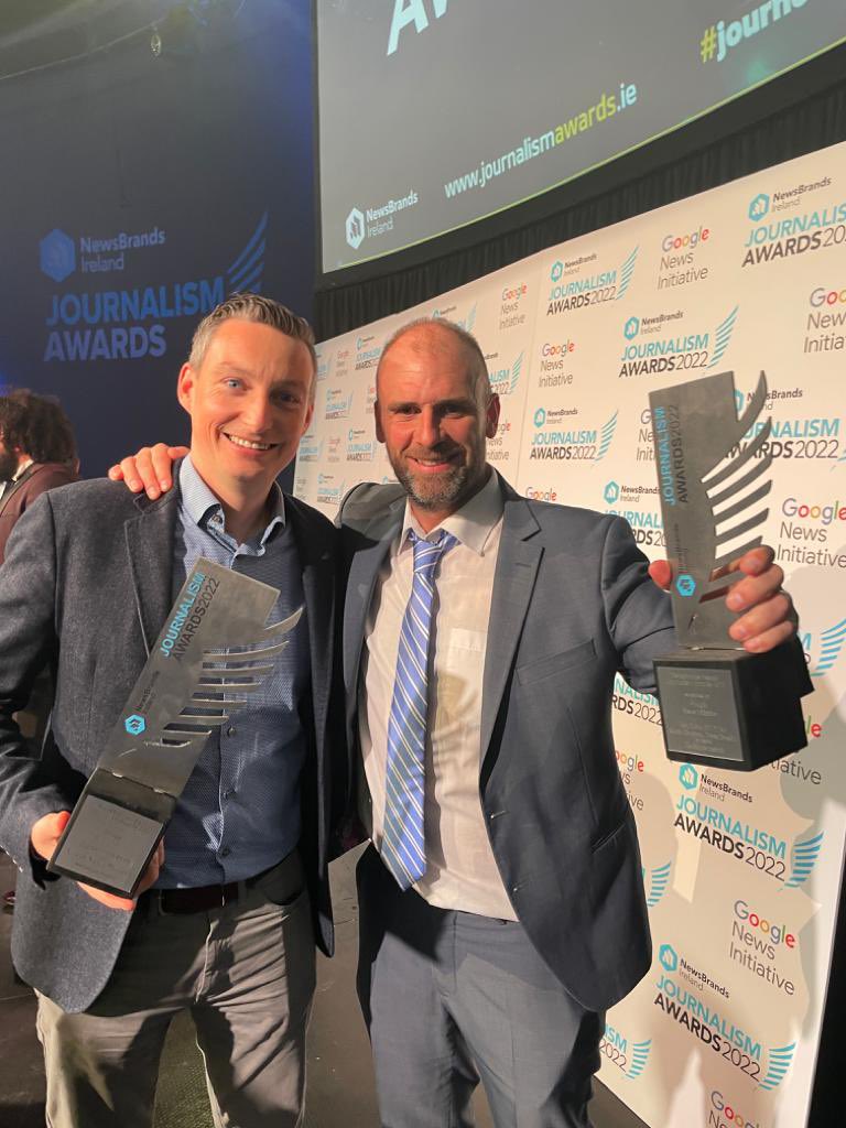 Big shout out to all our regional @MediahuisIRL colleagues who did the heavy lifting on the ‘Local News Project’ which won the Digital Innovation at the #journoawards22 today. [Also photographed - @markcondren who won Best Video and generally most sound fella from Cork 2022].