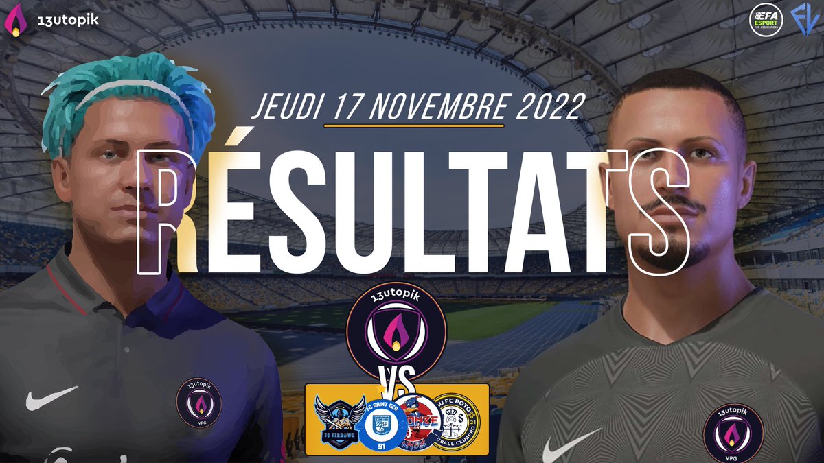 📊 RÉSULTATS 📊

🏆 | @French_League_ x <a href="/eSportFA_FR/">ESPORT FOR ASSOCIATIONS</a>
🔵 | CONFÉRENCE BLUE
✅ | 3-0 🆚 @FirdawsONG
✅ | 1-0 🆚 @LeOnzeNyos (F)
✅ | 1-0 🆚 <a href="/FCSAINTGER91/">Julien Pastore</a> (F)
✅ | 1-0 🆚 @Pau_FC_Poto (F)
 
<a href="/13UTOPIK_VPG/">13UTOPIK VPG</a> <a href="/13Utopik/">13UP</a> 🟣⚫
