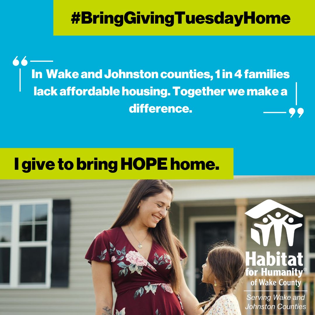 HabitatWake's tweet photo. It's almost time for Giving Tuesday. 1 in 4 families in our community lack affordable housing, let's make a difference. This year for Giving Tuesday, we invite you to help Habitat Wake bring more people home. 
https://t.co/nLObunHEvK
#bringgivingtuesdayhome #igivetobringHOPEhome https://t.co/0IkrBEYMTQ