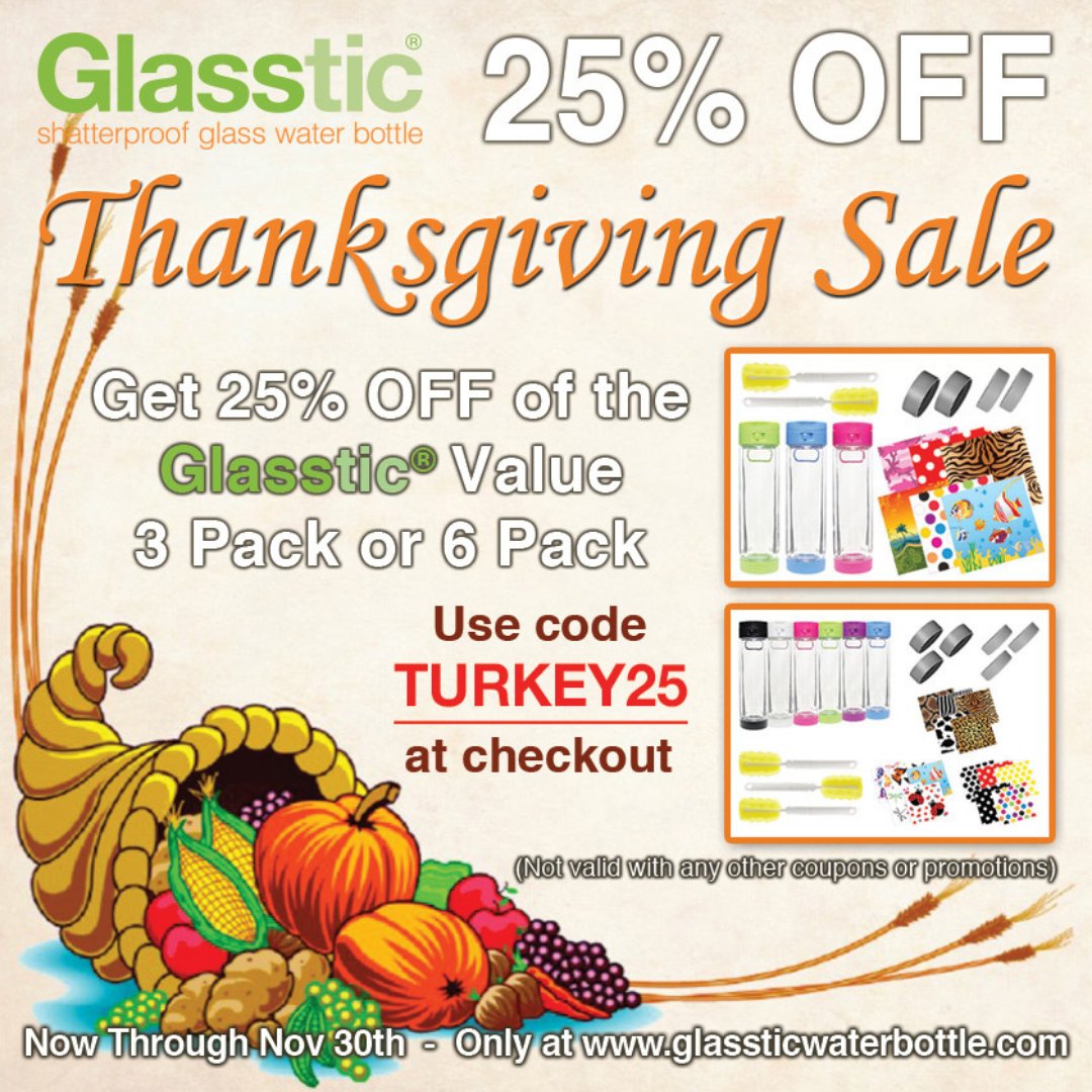 GlassticBottle's tweet photo. This November, save on your favorite glass, shatterproof #WaterBottle! We are offering 25% off our Glasstic Value 3 Pack or 6 Pack with code: TURKEY25

Only at https://t.co/YLBjyLvDwK https://t.co/3QCdnNjbUQ
