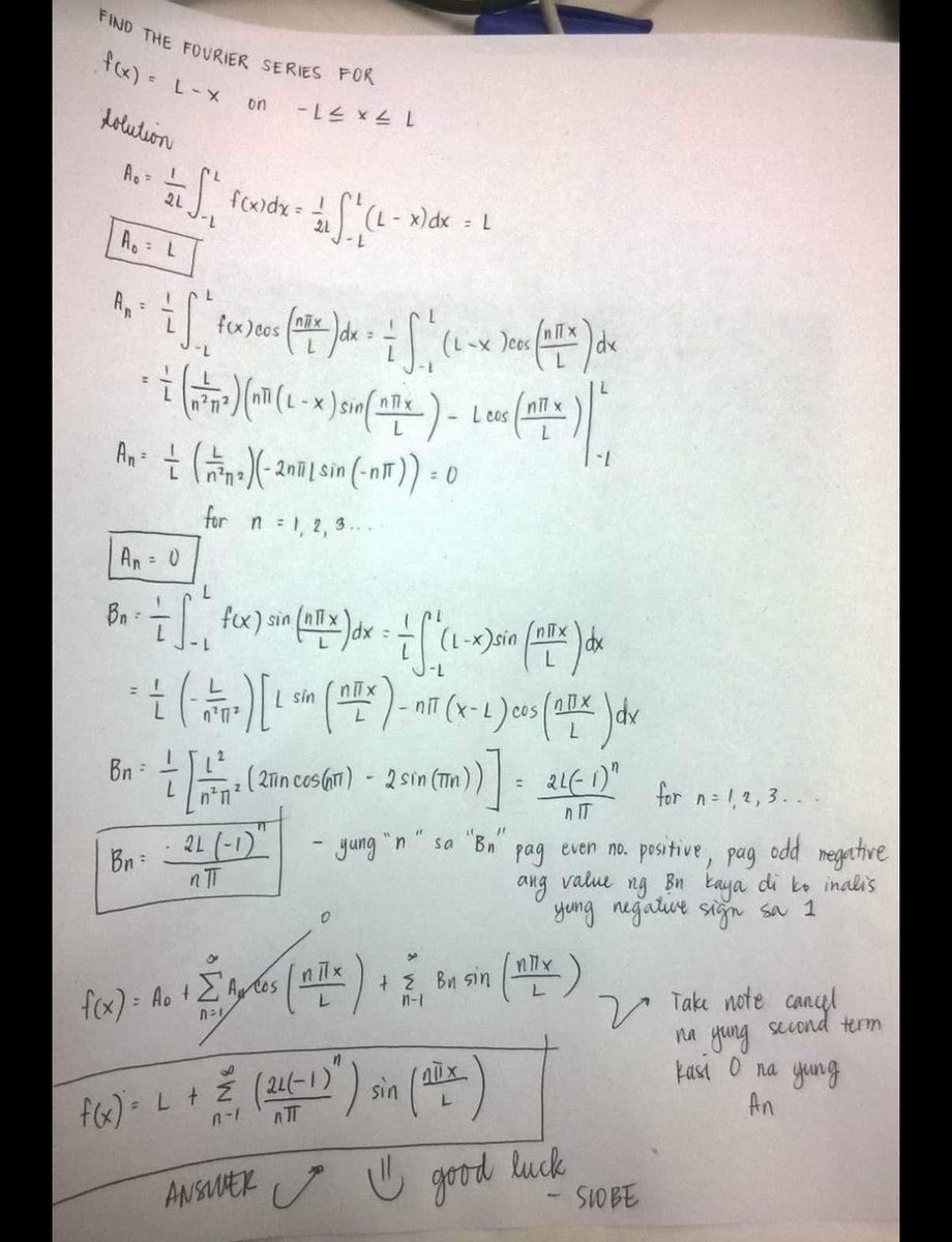 climaxsinger's tweet photo. For one of my suking tutees, posting this for your reference. 
This is how we use Fourier Series from advanced engineering math. I indicated some description for some conditions and limits.  Hope this helps you
#Math #fourierseries #engineeringmath #calculus #numbers https://t.co/iIcAEHckHD