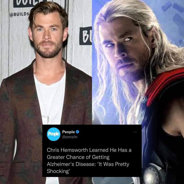 hanletlamacana's tweet photo. Wao que difícil la está pasando THOR.

Palabras del actor Chris Hemsworth al enterarse de su riesgo de desarrollar la enfermedad de Alzheimer;

“La idea de que no podré recordar la vida que he experimentado o mi esposa, mis hijos, este es probablemente mi mayor temor”. https://t.co/OJqNubfmeI