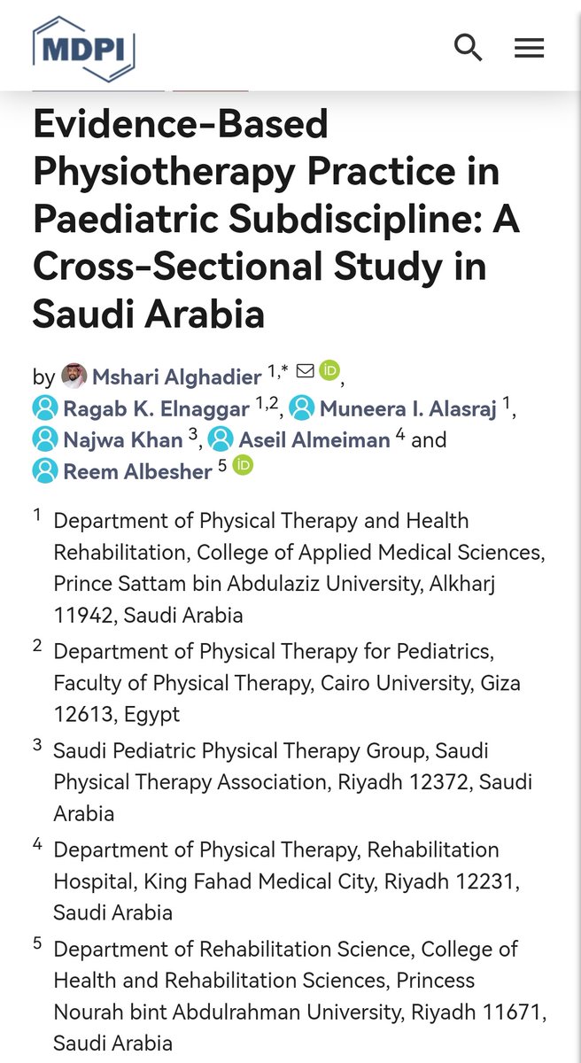 وتم بحمد الله نشر اول ورقة علمية بمشاركة المجموعة السعودية للعلاج الطبيعي للأطفال لعام 2022م ونشكر الباحثين على جهودهم المباركه لعملها ونشرها.الله ينفع بعلمهم وعملهم وبالتوفيق الدائم..
ونتمنى لكم قراءة ممتعة للورقة العلمية من خلال الرابط:
mdpi.com/2227-9032/10/1…