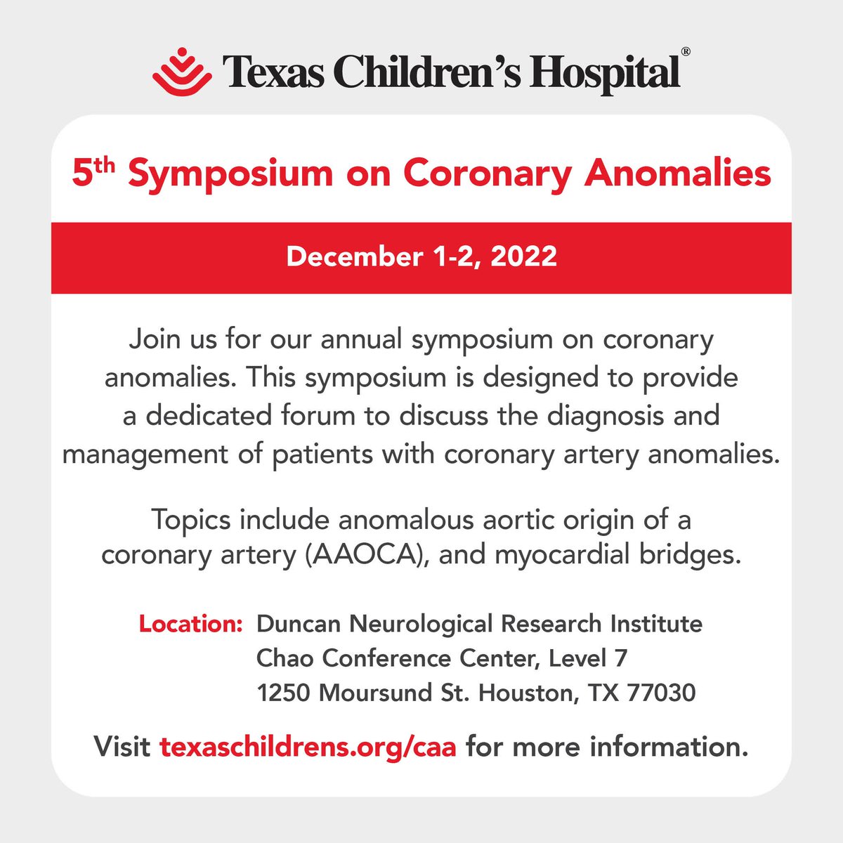Come and join us as we celebrate 10 years of the Coronary Artery Anomalies Program at Texas Children’s Hospital!