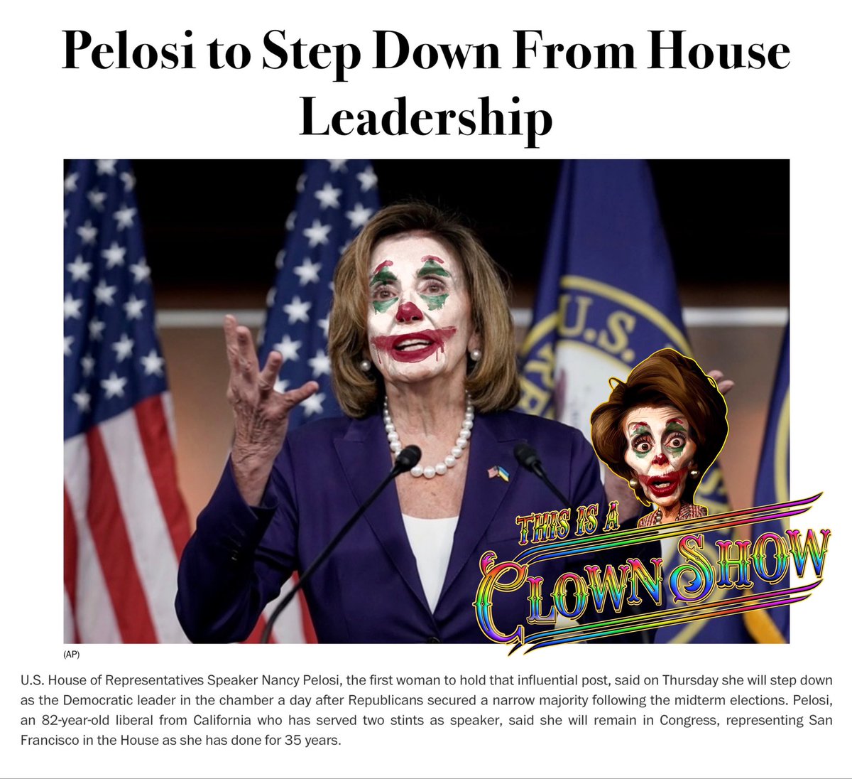 75otingocni's tweet photo. This Circus won’t be the same again.
The Evil, Insider Trading, Corrupt Head Clown is stepping off the podium and out of the limelight.
There will be a black hole when President Trump comes back again.
No disrespectful evil clowns left to tear up his speeches.
#InvestigateHer https://t.co/qJijyZwSdl